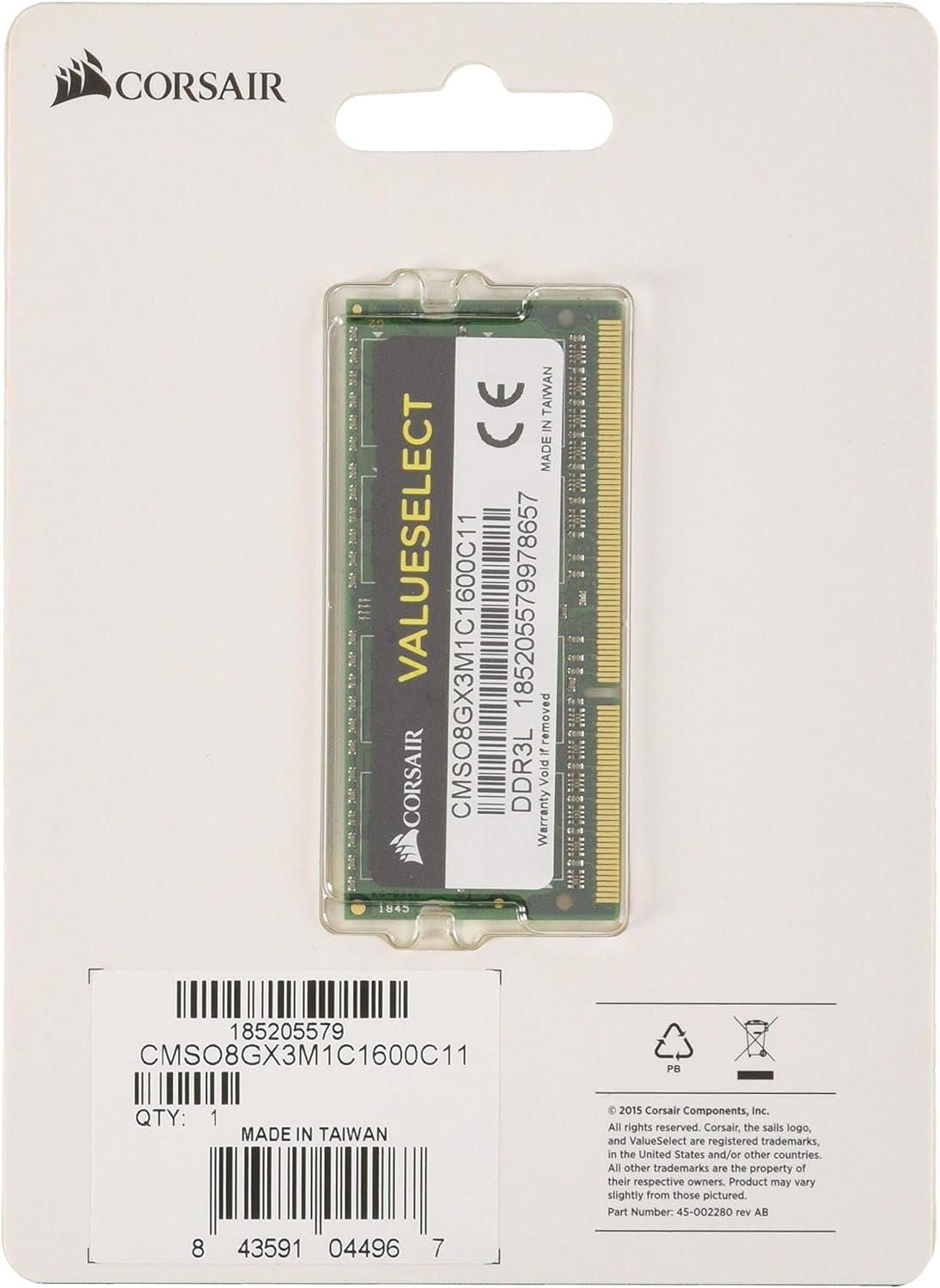Corsair Value Select SODIMM 8GB (1x8GB) DDR3L 1600MHz C11 Memory for Laptop/Notebooks - Black 1600Mhz C11 8GB (1x8GB)