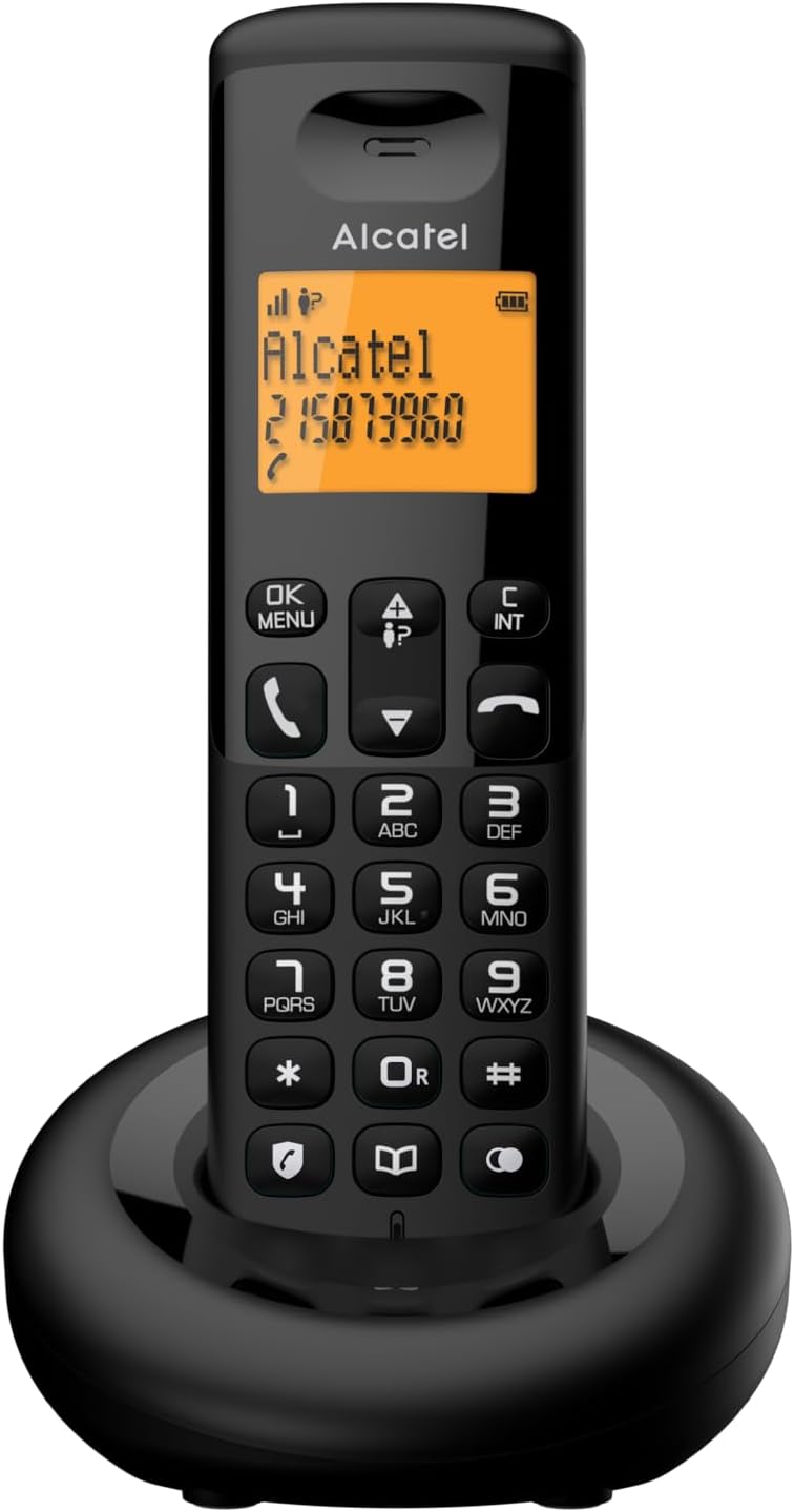 Alcatel E160 Nero Telefono Cordless DECT con Blocco Chiamate Indesiderate, Ampio Display Retroilluminato Arancione di Facile Lettura, Suonerie Classiche e Polifoniche