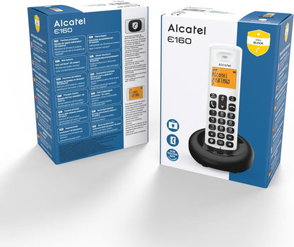 Alcatel E160 White Cordless DECT Phone with Blocking Unwanted Calls, Large Orange Backlit Display, Easy to Read, Classic and Polyphonic Ringtones