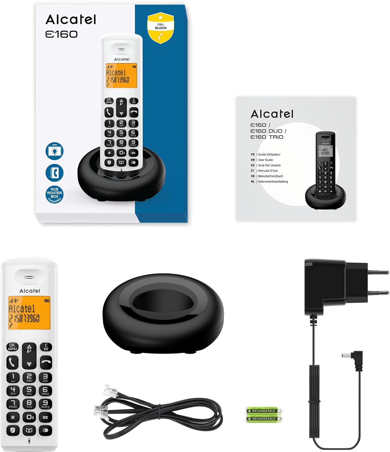 Alcatel E160 White Cordless DECT Phone with Blocking Unwanted Calls, Large Orange Backlit Display, Easy to Read, Classic and Polyphonic Ringtones