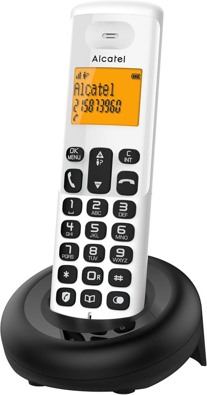 Alcatel E160 White Cordless DECT Phone with Blocking Unwanted Calls, Large Orange Backlit Display, Easy to Read, Classic and Polyphonic Ringtones