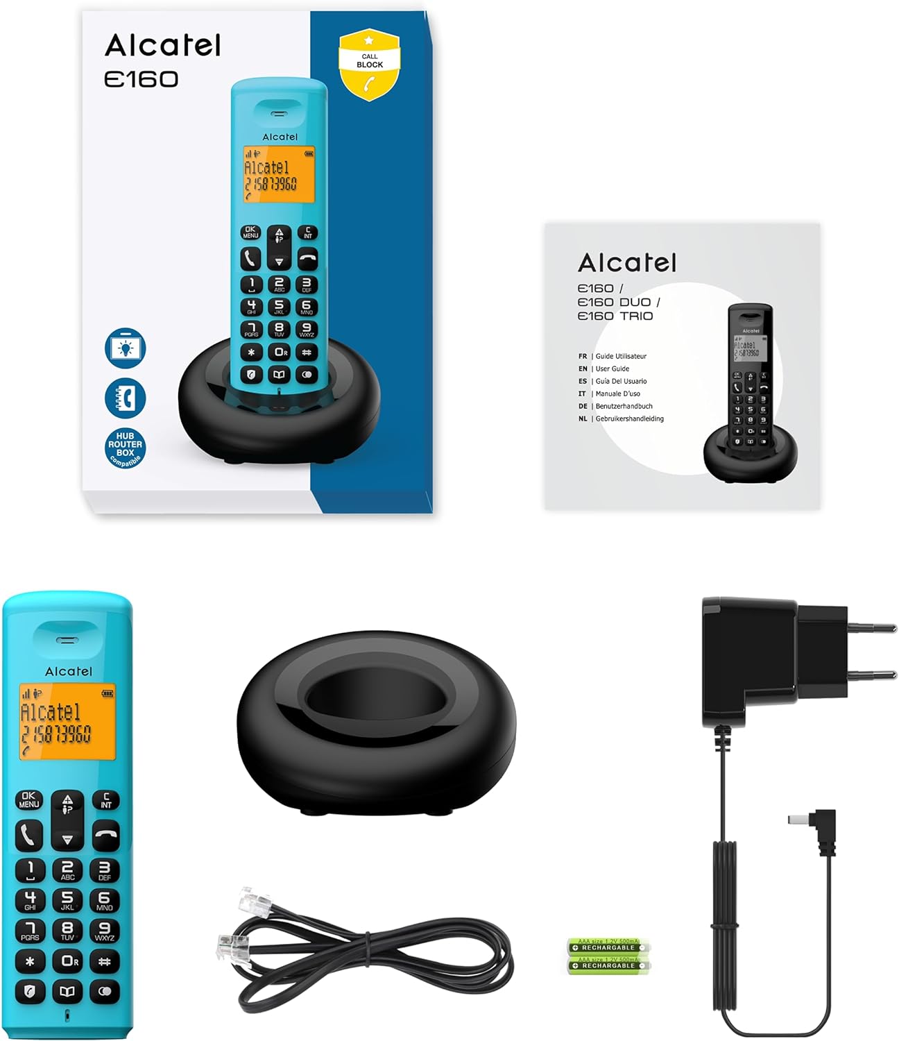 Alcatel E160 Blu Telefono Cordless DECT con Blocco Chiamate Indesiderate, Ampio Display Retroilluminato Arancione di Facile Lettura, Suonerie Classiche e Polifoniche