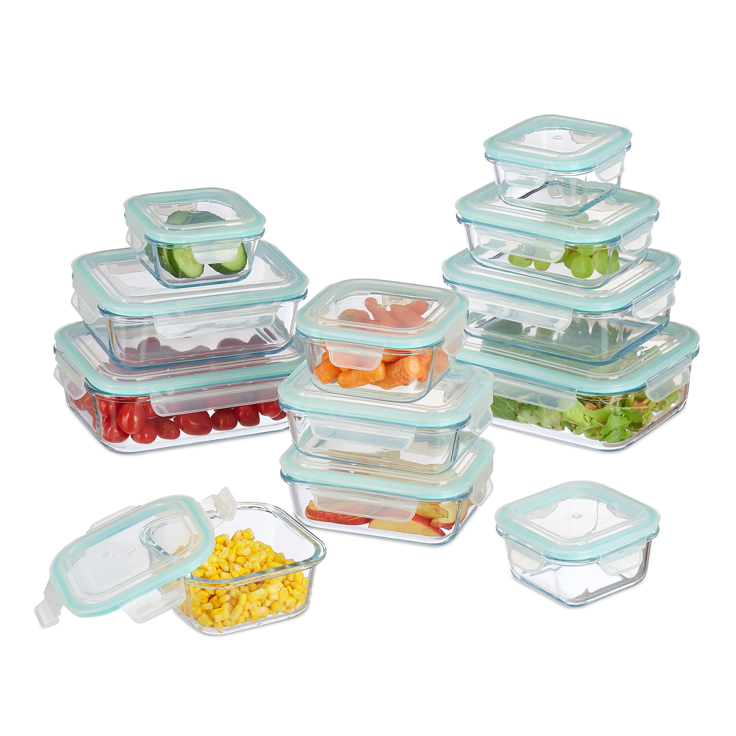 Relaxdays 10029985 Glass Food Container Set, 12 Pieces, Snap Lid, BPA-, Ovenproof, 5 Sizes, Rectangular Storage, Transparent, Plastic