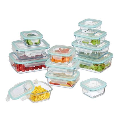 Relaxdays 10029985 Glass Food Container Set, 12 Pieces, Snap Lid, BPA-, Ovenproof, 5 Sizes, Rectangular Storage, Transparent, Plastic