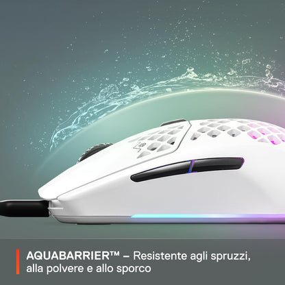 SteelSeries Aerox 3 - Mouse da gioco RGB traforato - Design ultraleggero e resistente all'acqua - Sensore ottico TrueMove Core da 8.500 DPI - Snow