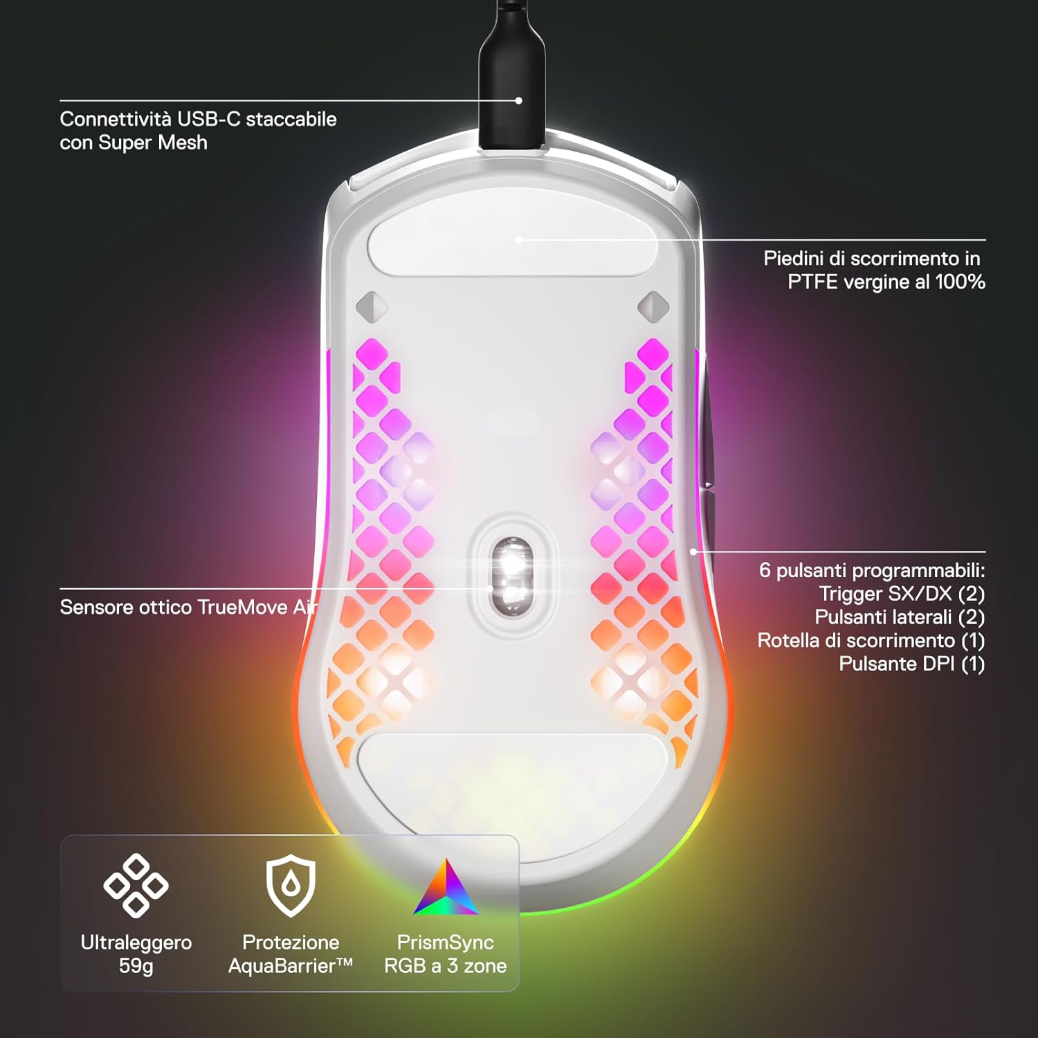 SteelSeries Aerox 3 - Mouse da gioco RGB traforato - Design ultraleggero e resistente all'acqua - Sensore ottico TrueMove Core da 8.500 DPI - Snow