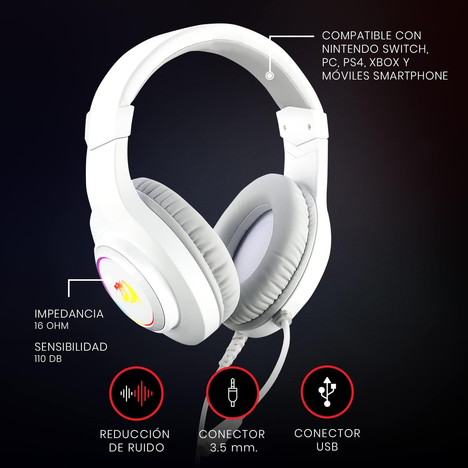 Redragon H260 Hylas RGB White, Gaming Headphones with Microphone, Circumaural Pads, Compatible with Xbox One PS4 PS5 Laptop