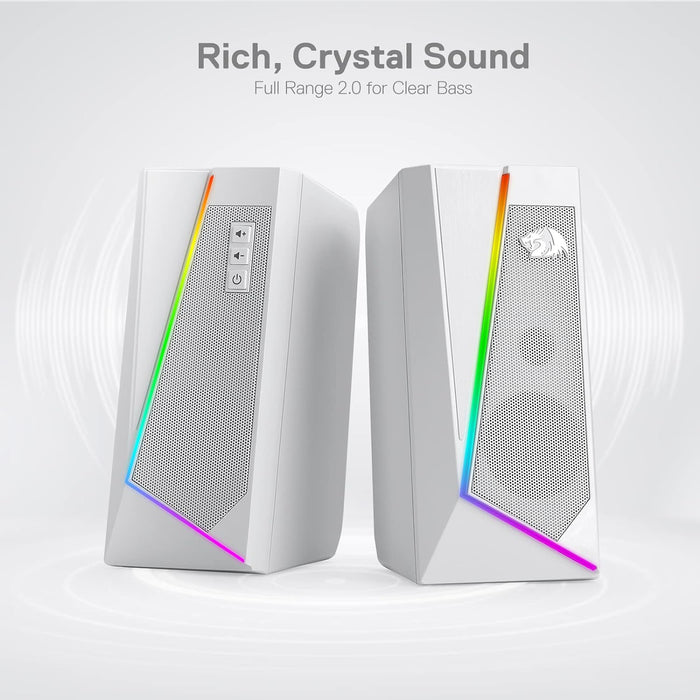 Redragon GS520 RGB Desktop Speakers, 2.0 Channel PC Computer Stereo Speaker with 6 Colorful LED Modes, Enhanced Sound and Easy-Access Volume Control, USB Powered w/ 3.5mm Cable, White