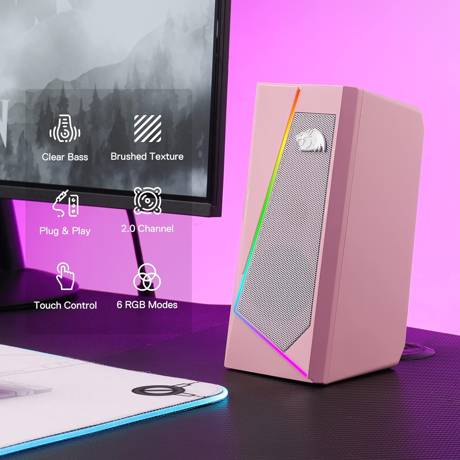Redragon GS520 RGB Desktop Speakers, 2.0 Channel PC Computer Stereo Speaker with 6 Colorful LED Modes, Enhanced Sound and Easy-Access Volume Control, USB Powered w/ 3.5mm Cable