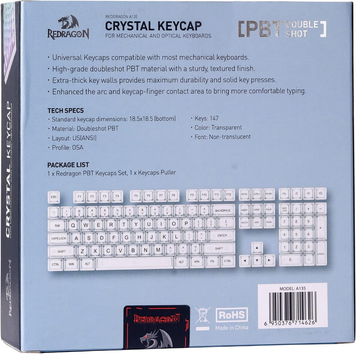 Redragon A135 Crystal KeyCaps, 147 Keys Standard Doubleshot PBT Keycap Set, OSA Profile, US(ANSI) Layout, Compatble with Most Mechanical Keyboards & Optical Keyboards, Keycaps Puller Included