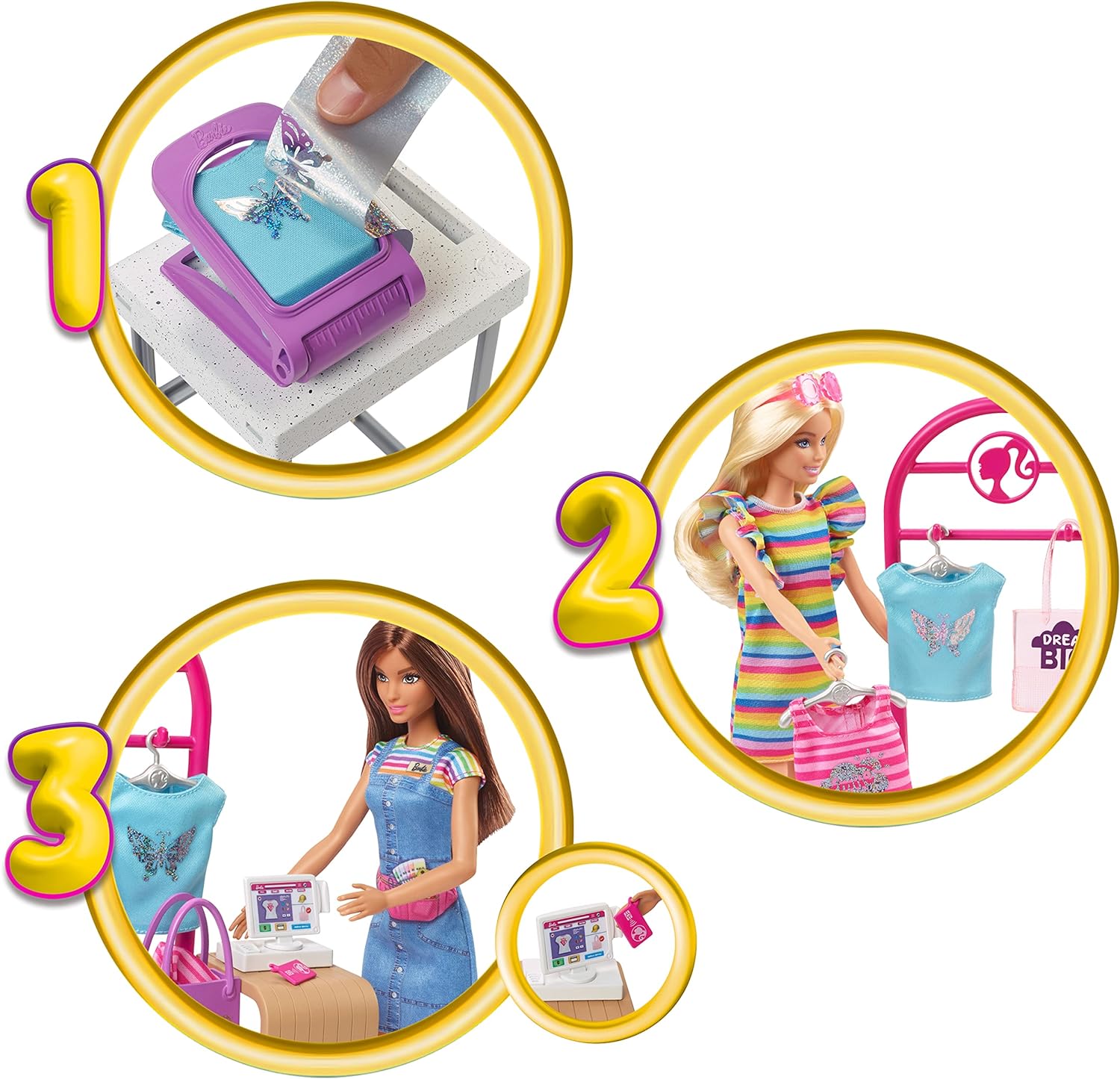 Barbie Doll & Accessories, Make & Sell Boutique Playset with Display Rack, Create Foil Designs, HKT78