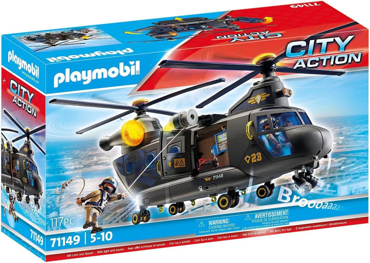 Playmobil 71149 City Action Tactical Police Twin-Prop Helicopter, highly detailed SWAT rescue helicopter with light and sound module, fun imaginative role-play, playset suitable for children ages 5+
