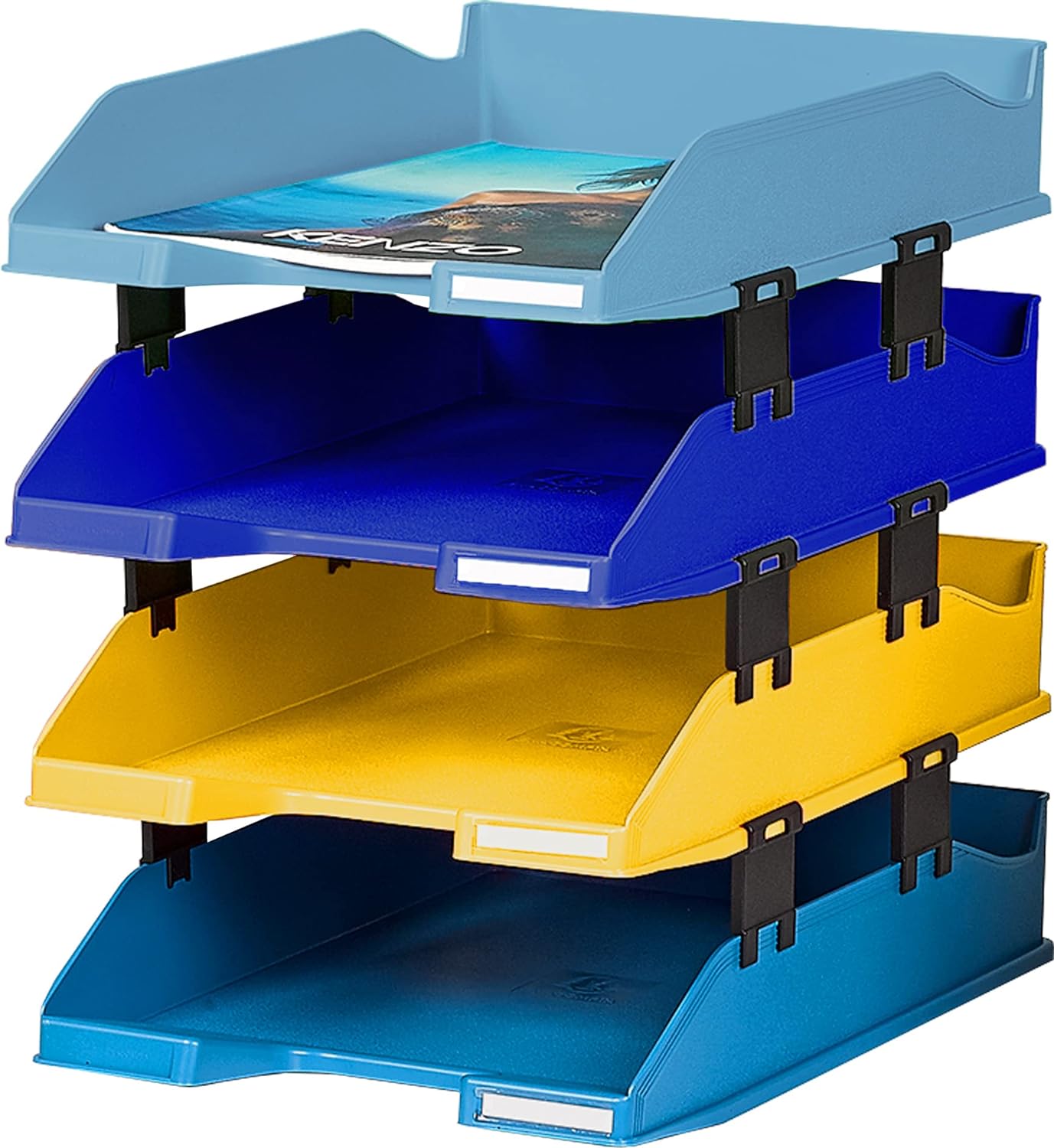 Exacompta - Ref. 113202SETD - Set of 4 COMBO MIDI Bee Blue letter trays - dimensions 34.6 x 25 x 24.3 cm - for A4+ format documents - Blue Angel certified - assorted colours