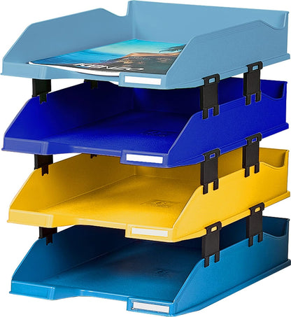 Exacompta - Ref. 113202SETD - Set of 4 COMBO MIDI Bee Blue letter trays - dimensions 34.6 x 25 x 24.3 cm - for A4+ format documents - Blue Angel certified - assorted colours
