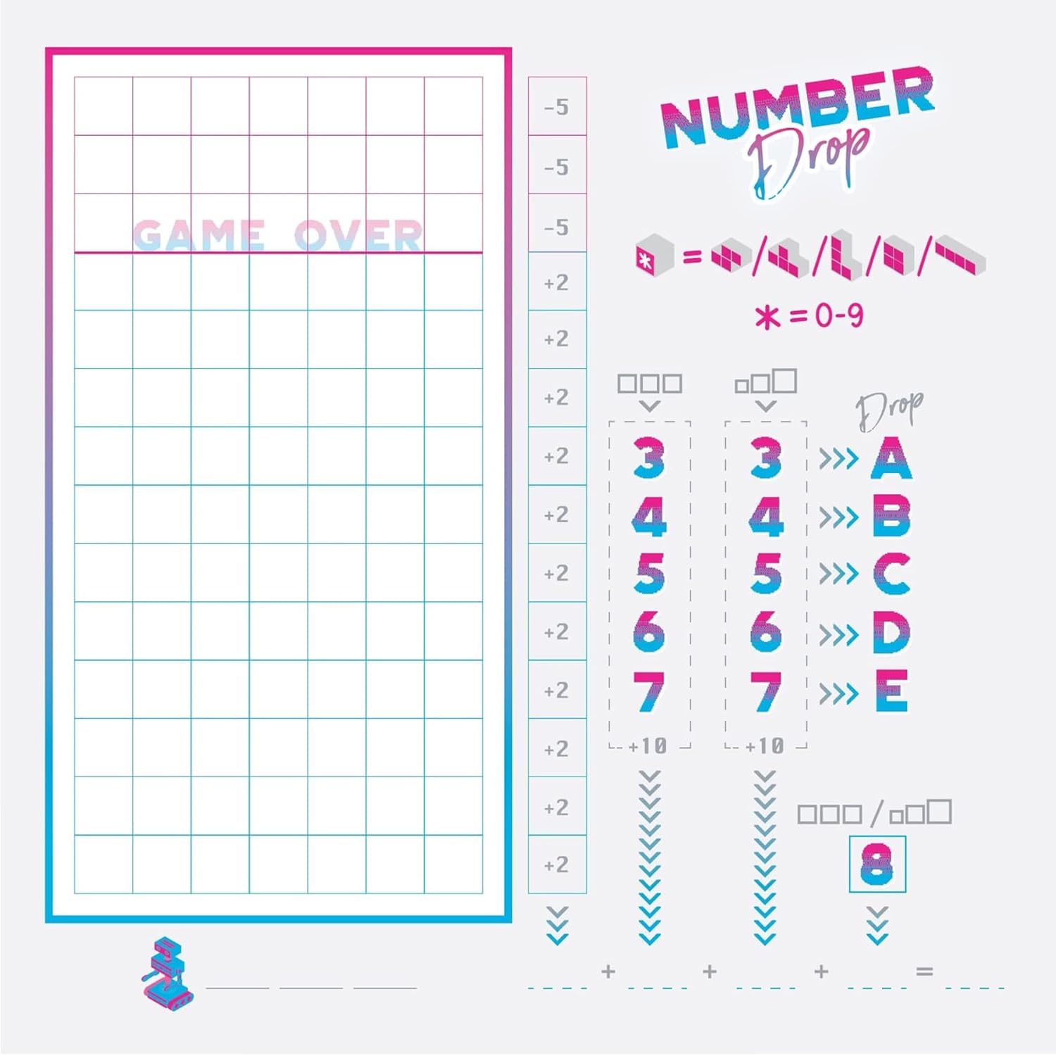 Number Drop - Retro Roll & Write, Video Game Theme, Alderace Entertainment Group (AEG), Ages 10+, 1-6 Players, 20 Min