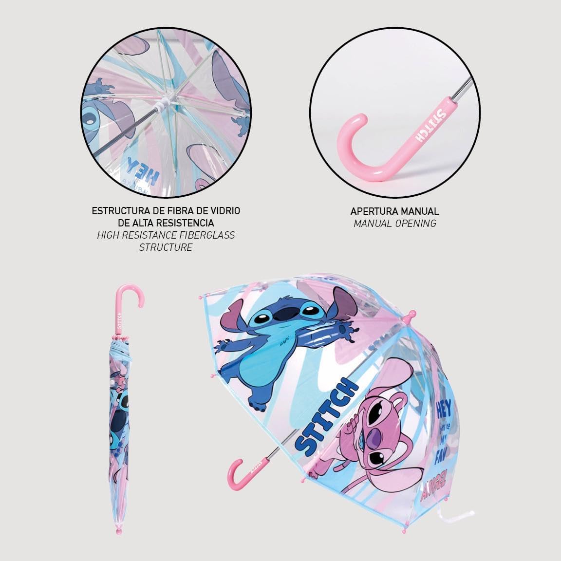 Lilo & Stitch Paraplu met luchtbellen, bedrukt met Stitch en zijn vriendin engel, handmatige opening, gemaakt van 100% POE met glasvezelstructuur, origineel product, ontworpen in Spanje, Meerkleurig
