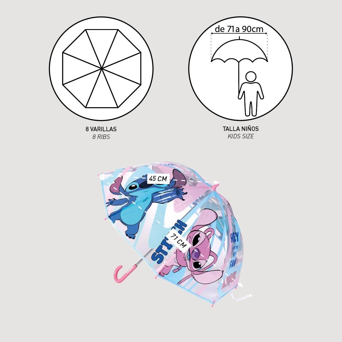 Lilo & Stitch Paraplu met luchtbellen, bedrukt met Stitch en zijn vriendin engel, handmatige opening, gemaakt van 100% POE met glasvezelstructuur, origineel product, ontworpen in Spanje, Meerkleurig