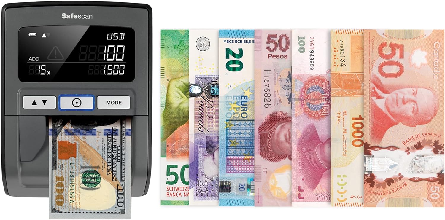 Safescan 185-S Automatic Counterfeit Money Detector that quickly verifies banknotes - Including US Dollars - Money Machine with 7-point detection - 100% accurate Money Checker Machine