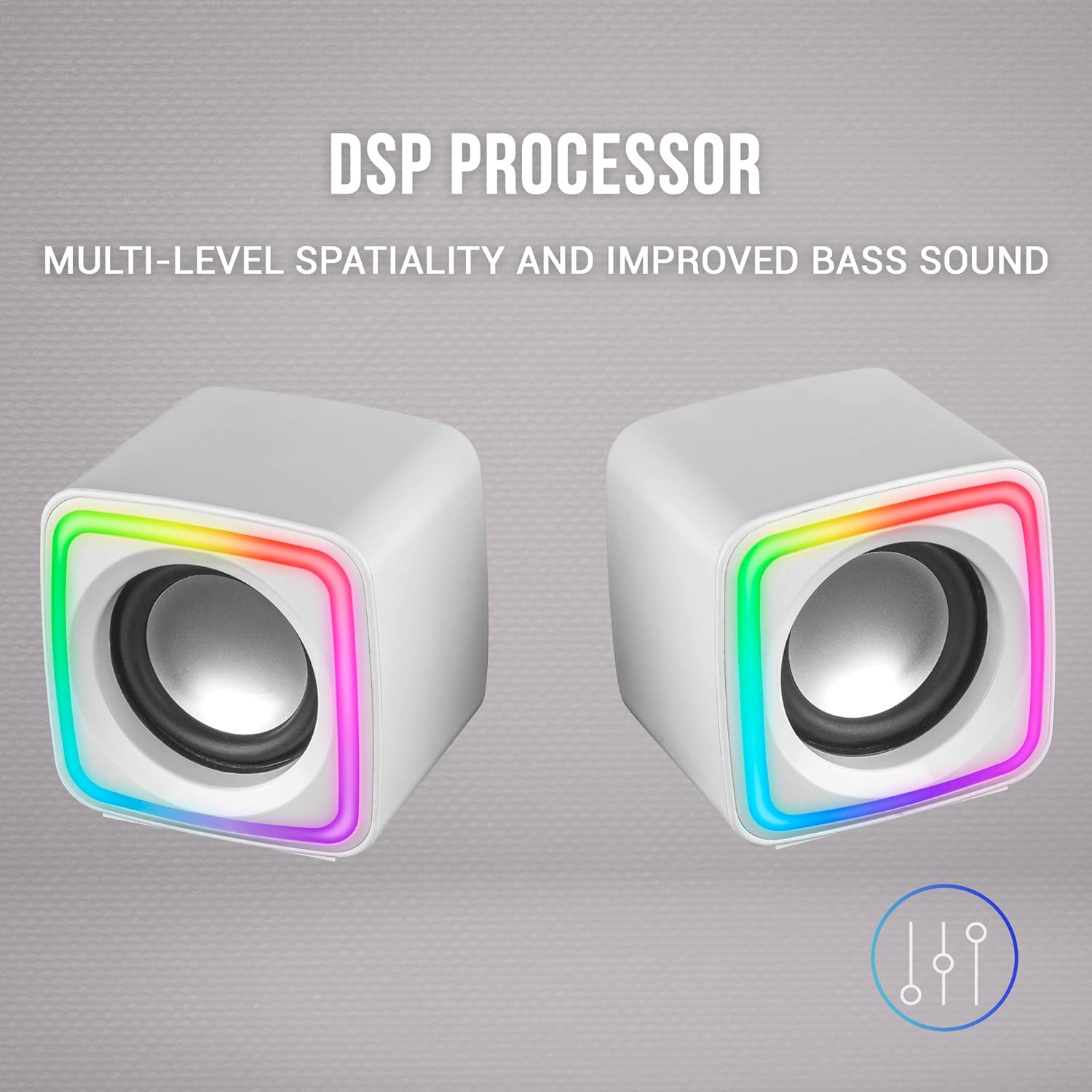 MARSGAMING MSCUBEW White, Compact RGB Gaming Speakers, 8W DSP Sound Processor, Volume Control