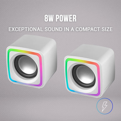 MARSGAMING MSCUBEW White, Compact RGB Gaming Speakers, 8W DSP Sound Processor, Volume Control