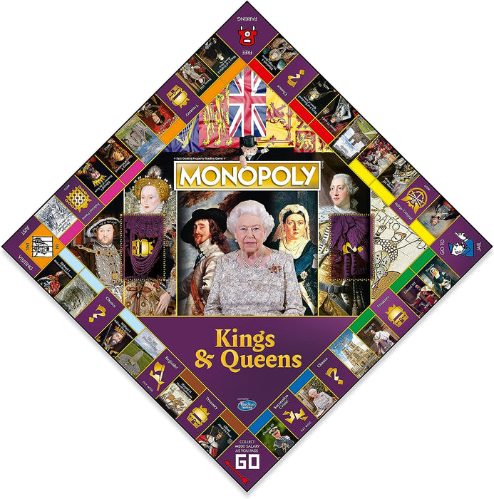Winning Moves Kings and Queens of Britain Monopoly Board Game, Advance to Alfred the Great, Henry VIII, Victoria and Elizabeth II, expand your empire and trade your way to success, for ages 8 plus
