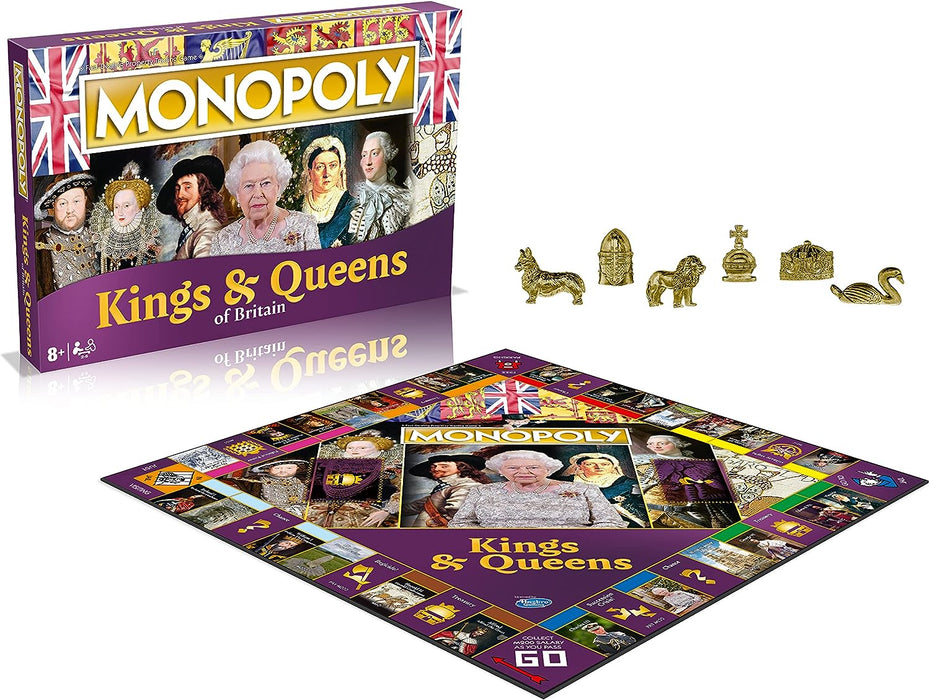 Winning Moves Kings and Queens of Britain Monopoly Board Game, Advance to Alfred the Great, Henry VIII, Victoria and Elizabeth II, expand your empire and trade your way to success, for ages 8 plus