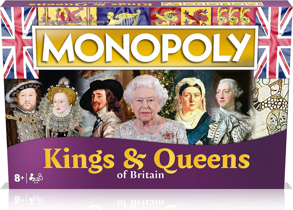Winning Moves Kings and Queens of Britain Monopoly Board Game, Advance to Alfred the Great, Henry VIII, Victoria and Elizabeth II, expand your empire and trade your way to success, for ages 8 plus