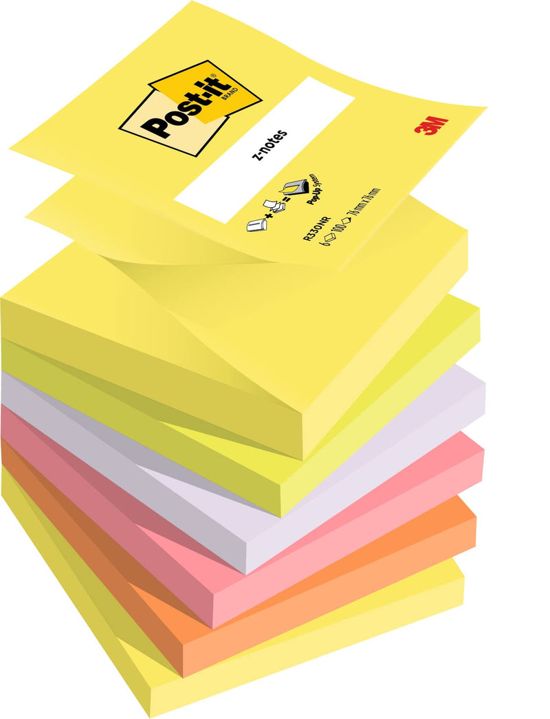 Post-It R-330-Nr - Notas Adhesivas, 6 Unidades, Multicolor (Arcoiris de Neón) + PRO-B-1SSCY-R330 - Dispensador de notas, diseño Clásico, con 1 paquete de notas, color negro/transparente