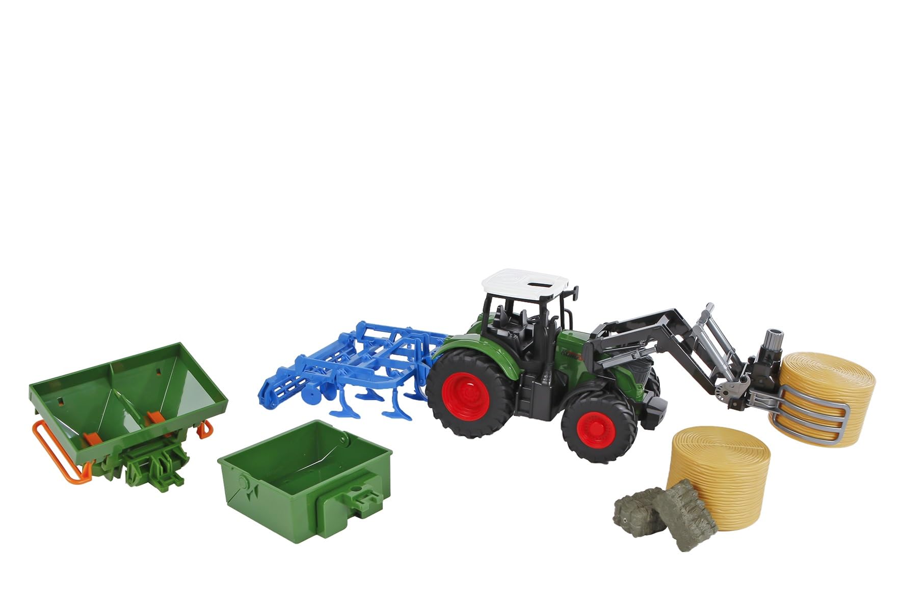 Kids Globe 540479 Tractor with Accessories 8 Pieces (Green Bulldog hay, Two Straw Bales, Tipper, Front Loader, Plough and Sowing Basket, Agriculture, Farm) 540473