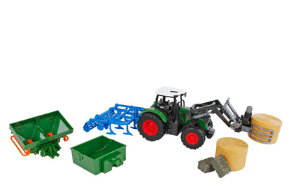 Kids Globe 540479 Tractor with Accessories 8 Pieces (Green Bulldog hay, Two Straw Bales, Tipper, Front Loader, Plough and Sowing Basket, Agriculture, Farm) 540473