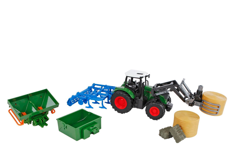 Kids Globe 540479 Tractor with Accessories 8 Pieces (Green Bulldog hay, Two Straw Bales, Tipper, Front Loader, Plough and Sowing Basket, Agriculture, Farm) 540473