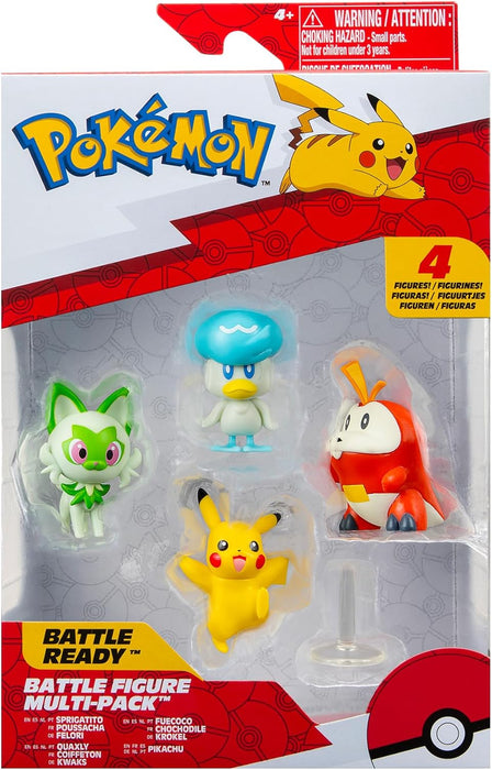 Pokemon PKW3402 Paldea 4 Pack-Features 2-Inch Pikachu, Fuecoco, Sprigatito, and Quaxly Battle Figures, Black