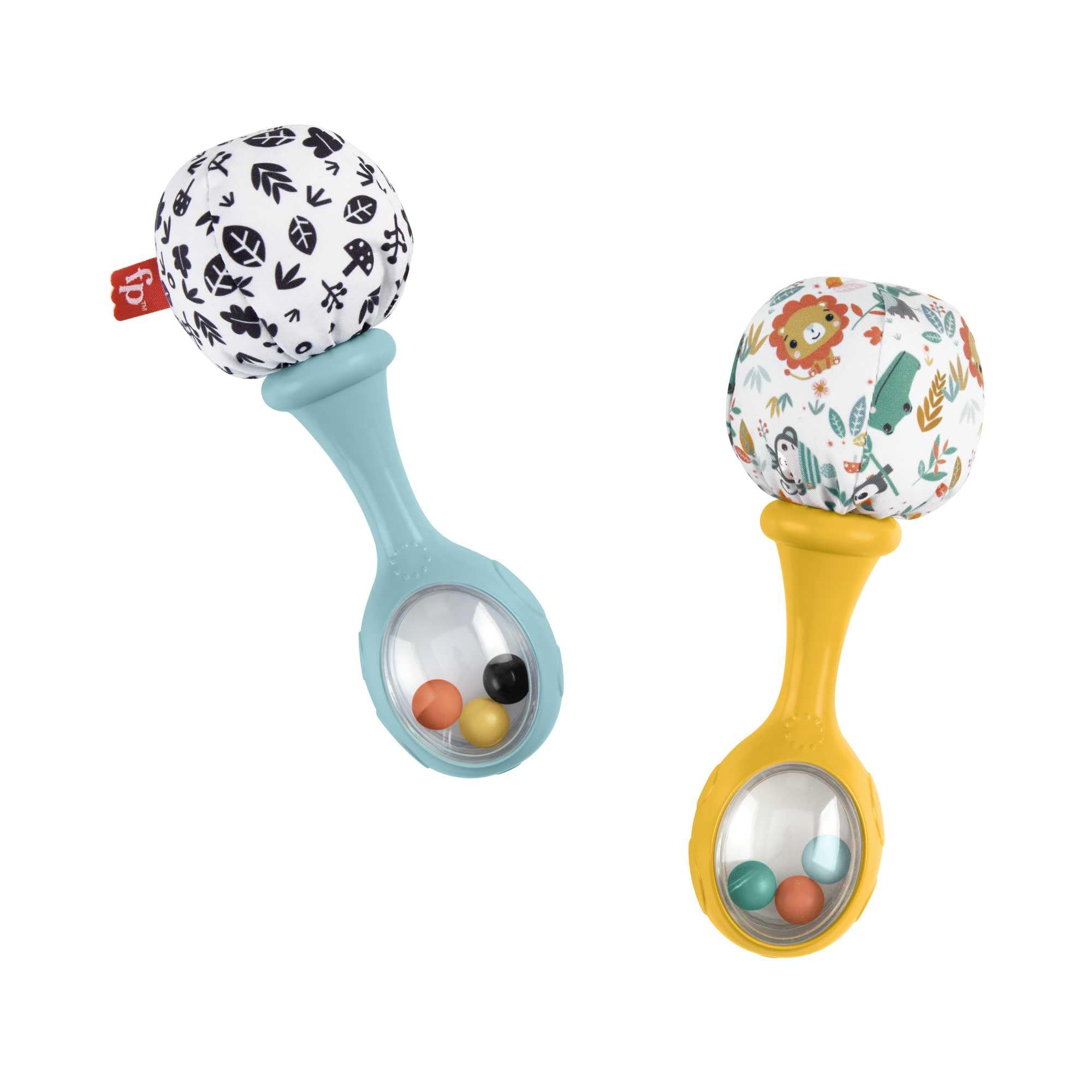 Fisher-Price Maracas Divertidas, 2 sonajeros con Estampado de Hojas en Blanco y Negro y de Coloridos Animales, Juguete para bebés +3 Meses (Mattel HMF34
