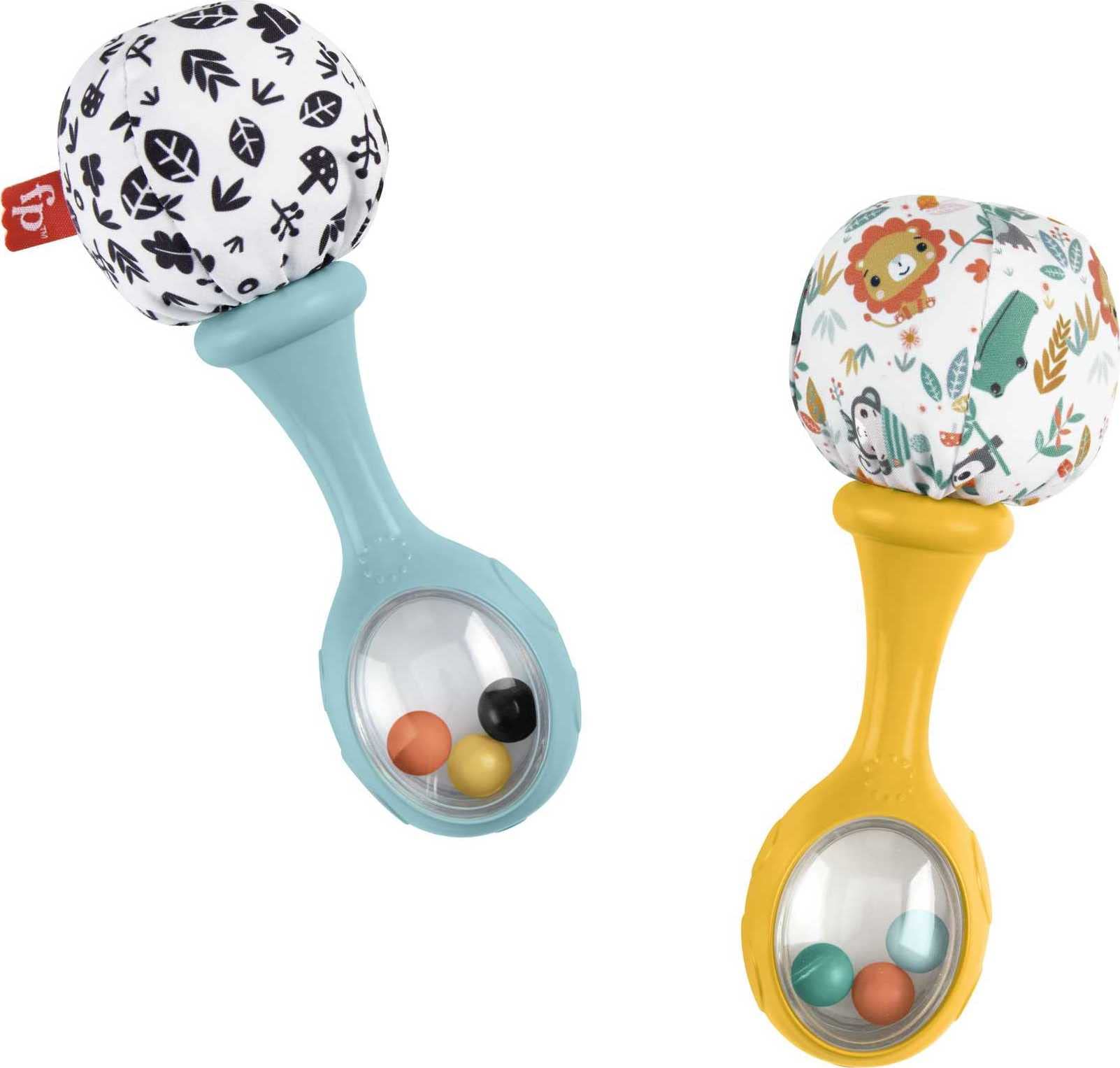 Fisher-Price Maracas Divertidas, 2 sonajeros con Estampado de Hojas en Blanco y Negro y de Coloridos Animales, Juguete para bebés +3 Meses (Mattel HMF34