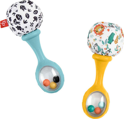 Fisher-Price Maracas Divertidas, 2 sonajeros con Estampado de Hojas en Blanco y Negro y de Coloridos Animales, Juguete para bebés +3 Meses (Mattel HMF34