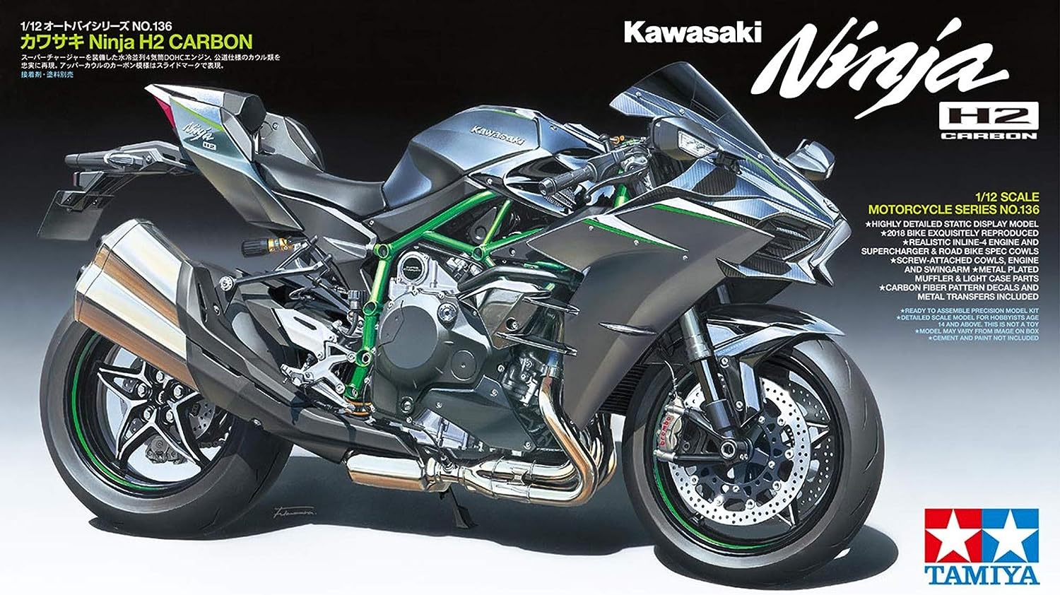 Tamiya 1/12 Scale Model Assembly 14136 1:12 Kawasaki Ninja H2 Carbon, réplica Fiel, plástico, Hobby, Pegado, Kit de modelismo, Montaje, sin Pintar, Color (Grey Marl