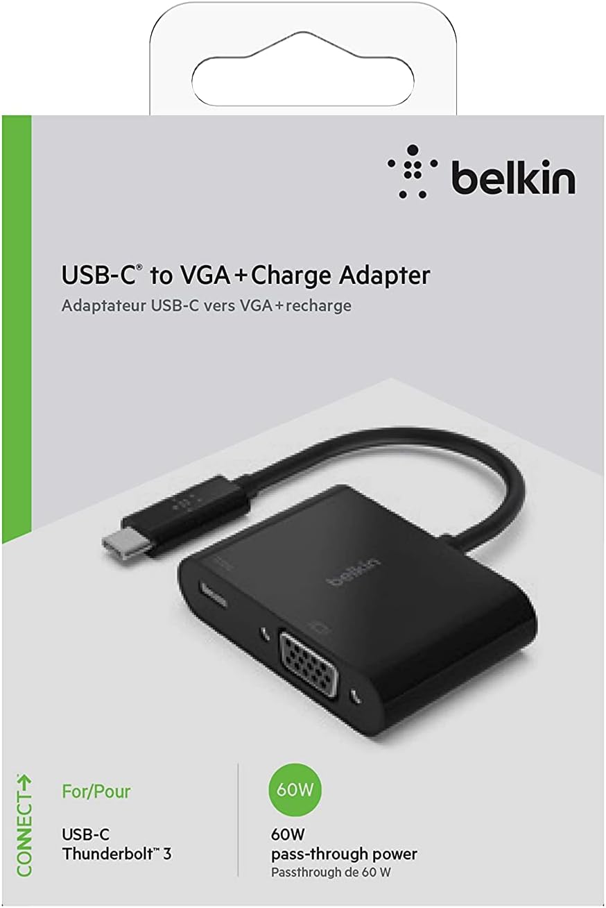 Belkin USB C to VGA + Charge Adapter - USB C to VGA Cable for MacBook Pro, MacBook Air, Mac Mini, iPad Pro, iPad Pro 12.9”, iPad Mini & Other USB C Devices - 60W USB C Power Delivery