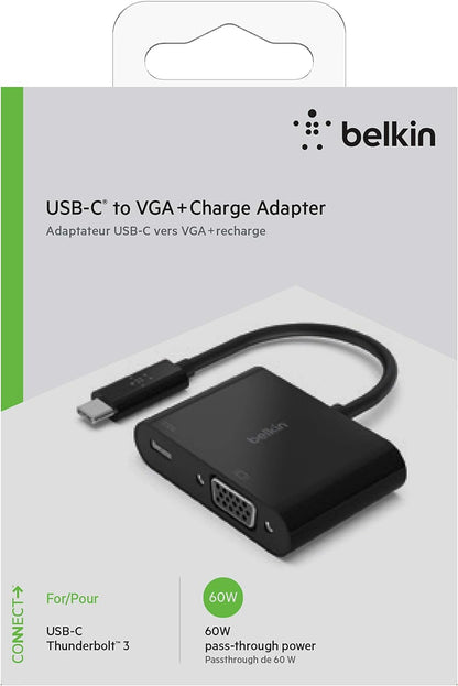 Belkin USB C to VGA + Charge Adapter - USB C to VGA Cable for MacBook Pro, MacBook Air, Mac Mini, iPad Pro, iPad Pro 12.9”, iPad Mini & Other USB C Devices - 60W USB C Power Delivery