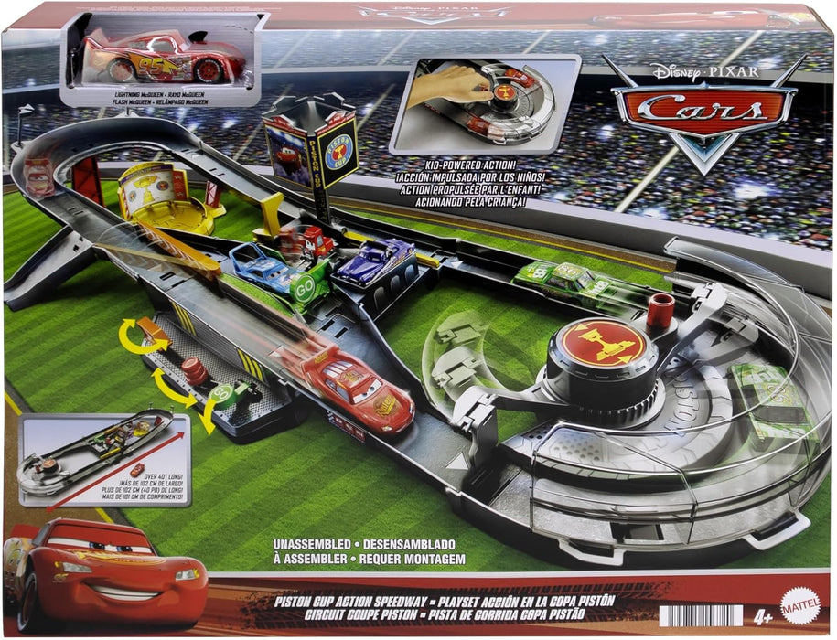 Disney and Pixar Cars Track Set, Piston Cup Action Speedway Playset with 1:55 Scale Lightning McQueen Die-Cast Toy Car, HPD81