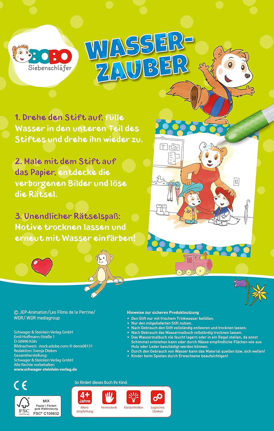 Bobo Siebenschläfer Wasserzauber: Einfach mit Wasser malen!: Mal- und Rätselbuch mit Wassertankstift für Kinder ab 4 Jahren