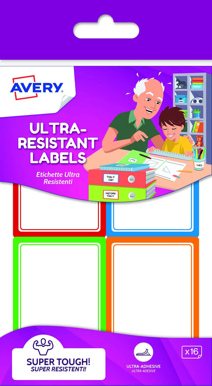 Avery Resistant Rectangular Labels, 44 x 64 mm, 16 Labels Per Pack, White (with Coloured Patterned Edges