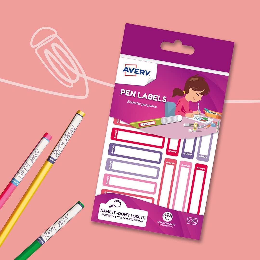 Avery Stationery Labels, Pen Labels, Name Labels, Stick on School Labels 50 x 10 mm, 30 Labels Per Pack, Pink/Purple