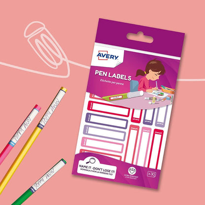 Avery Stationery Labels, Pen Labels, Name Labels, Stick on School Labels 50 x 10 mm, 30 Labels Per Pack, Pink/Purple