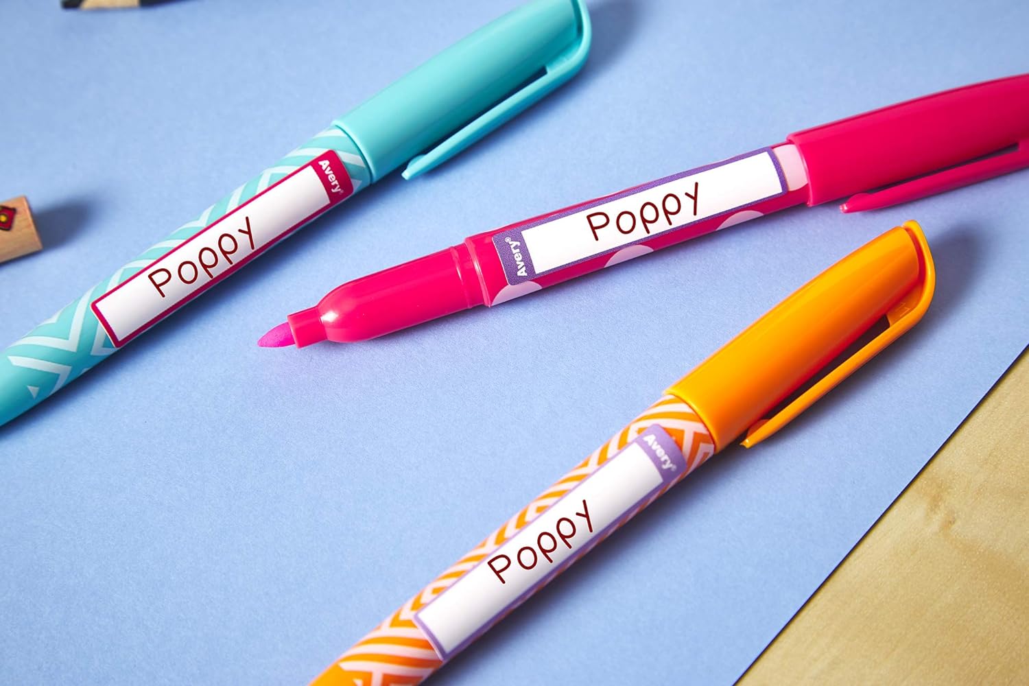 Avery Stationery Labels, Pen Labels, Name Labels, Stick on School Labels 50 x 10 mm, 30 Labels Per Pack, Pink/Purple