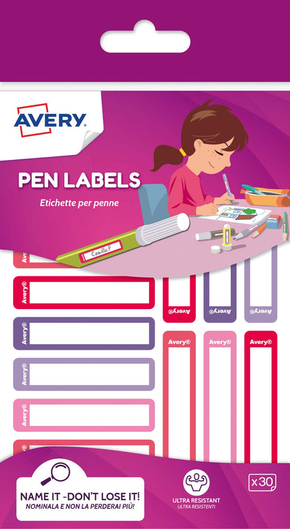 Avery Stationery Labels, Pen Labels, Name Labels, Stick on School Labels 50 x 10 mm, 30 Labels Per Pack, Pink/Purple