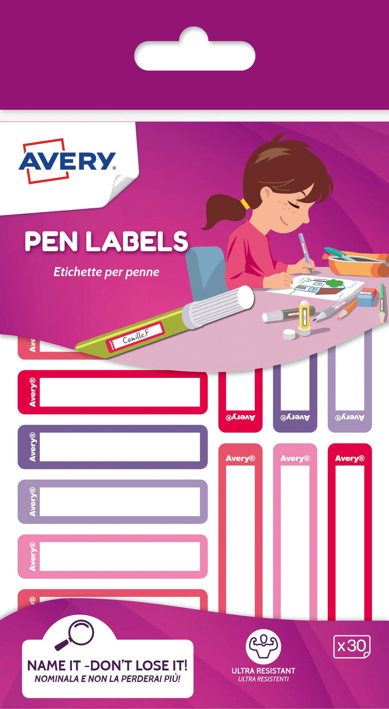 Avery Stationery Labels, Pen Labels, Name Labels, Stick on School Labels 50 x 10 mm, 30 Labels Per Pack, Pink/Purple