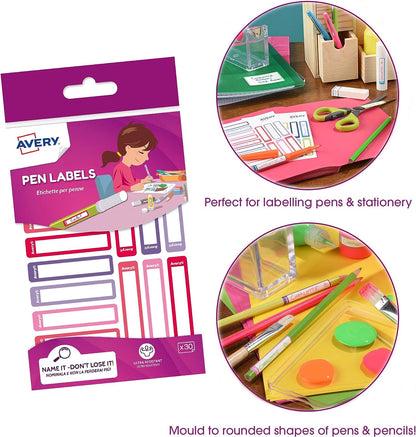 Avery Stationery Labels, Pen Labels, Name Labels, Stick on School Labels 50 x 10 mm, 30 Labels Per Pack, Pink/Purple