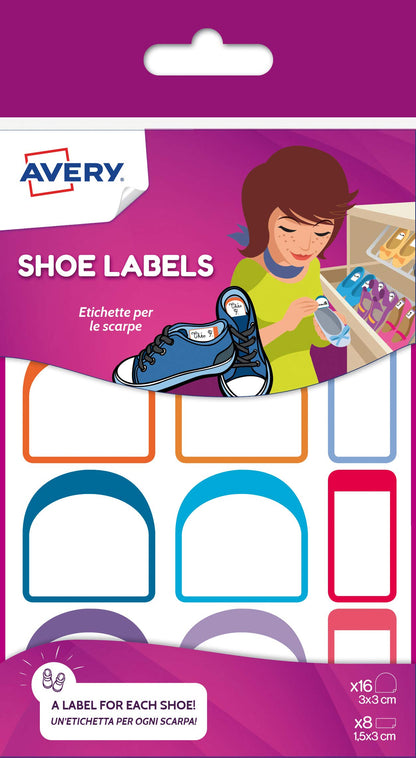 Avery Shoes Labels, Name Labels, Stick on School Labels, 24 Labels per Pack (2 Sizes in The Pack: 30x30 mm, 15x30 mm), White with Bold Coloured Edges