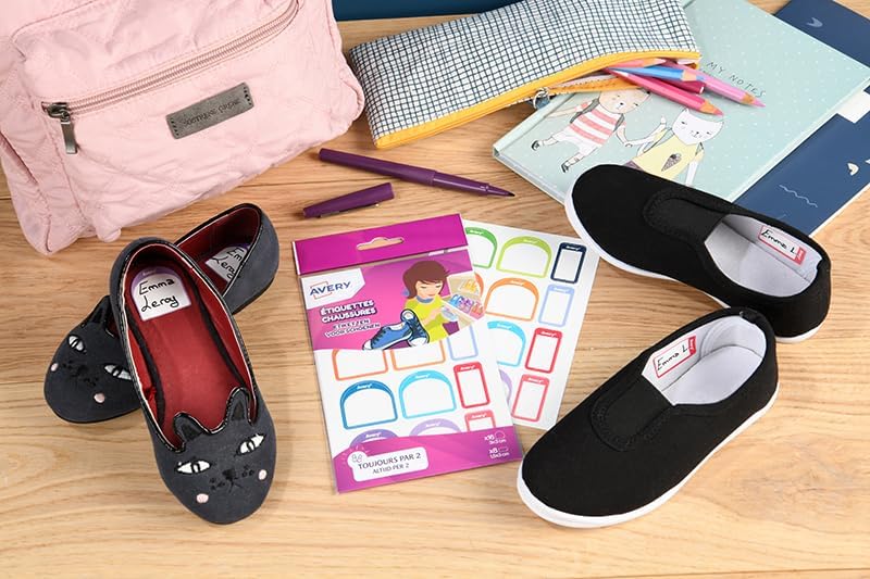 Avery Shoes Labels, Name Labels, Stick on School Labels, 24 Labels per Pack (2 Sizes in The Pack: 30x30 mm, 15x30 mm), White with Bold Coloured Edges