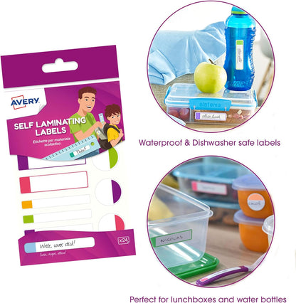 Avery Self Laminating Labels, waterproof name labels, lunchbox labels, water bottle labels, school labels, 86 x 17 mm, 24 Labels Per Pack, Neon Colours